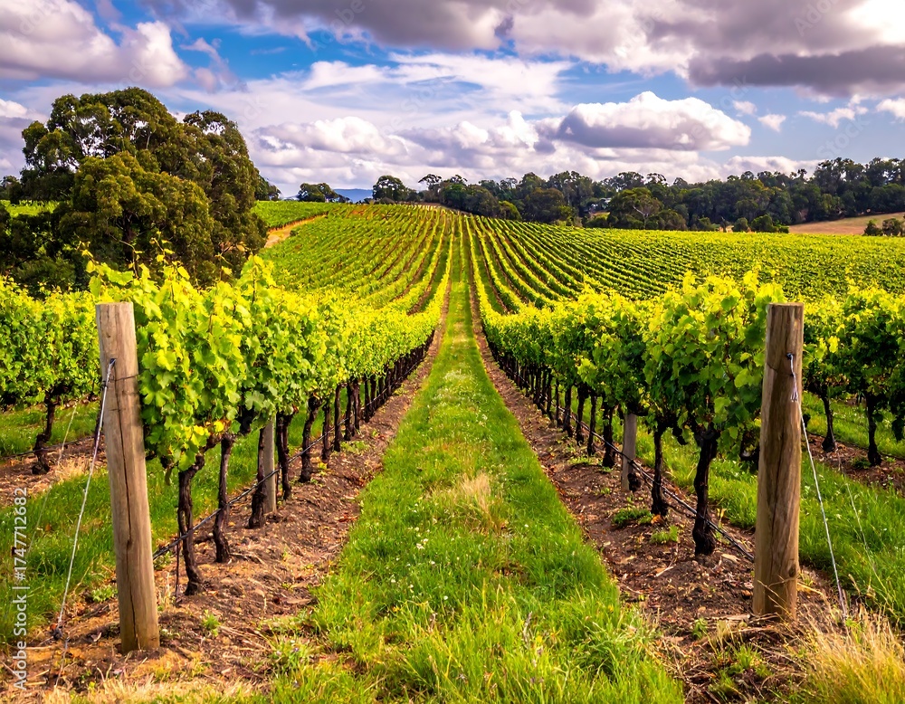 Fototapeta premium Scenic vineyard rows on a sunny day under a cloudy sky