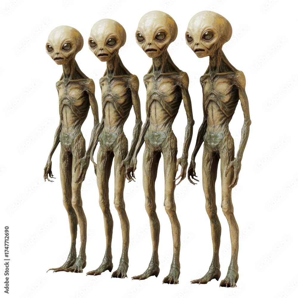 Obraz premium Group of aliens with big eyes, strange alien creatures, fantasy image, isolate on white transparent background