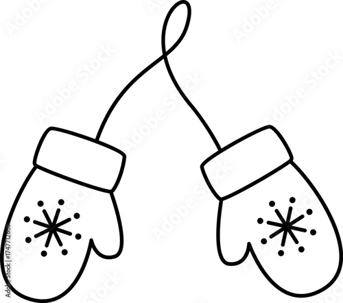 Christmas mittens outline vector isolated.
Winter festive gloves decorated with snowflakes  children's coloring pages and templates.
Transparent background. SVG.