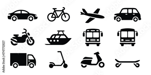 Set of 12 black and white transportation icons vector illustration scalable eps vector