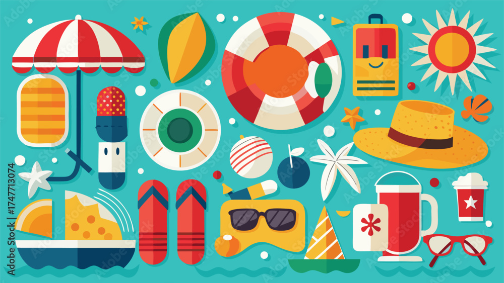 Naklejka premium Free vector clipart showcasing summer elements such as sun, waves, and tropical motifs for use in design work..eps