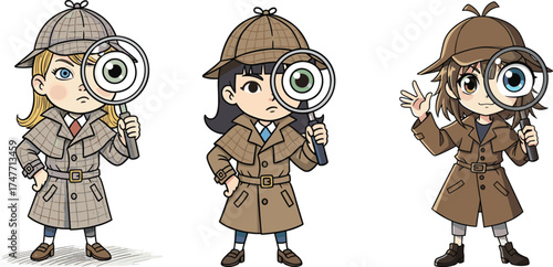 Cartoon detectives with magnifying glasses, mystery investigation theme, trench coat characters, kids illustration, vector art, white background, crime-solving concept