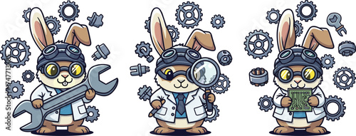 Cartoon engineering rabbits, STEM illustration, lab coat characters, mechanical tools, circuit board, tech concept, vector art, white background, invention theme