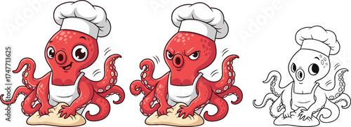 Cartoon octopus chef kneading dough, cute sea animal cooking, multitasking kitchen character, emotional expressions, vector illustration, white background, EPS