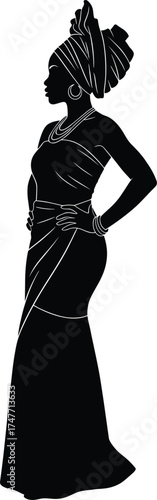 Elegant African woman silhouette, traditional headwrap, cultural fashion, jewelry accessories, confident pose, ethnic dress, black profile, graceful style, heritage beauty, timeless elegance