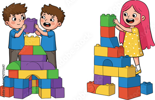 Children playing with colorful building blocks, teamwork and creativity in preschool, indoor play, cad drawing flat vector illustration