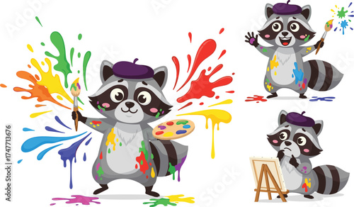 Cartoon raccoon painter, creative art scene, colorful splashes, painting tools, artistic expression, vector illustration, white background, drawing concept, easel moment