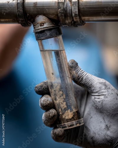 Close-up of gloved hands holding a used sediment filter removed from a transparent water filter housing.  filtration systems for off-grid or rural water supply.