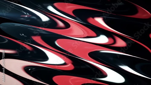 Abstract red liquid swirl on black background forming elegant waves and decorative motion lines with glossy texture.