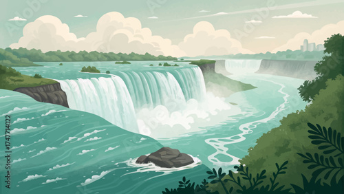 Flat minimal cartoon of Niagara Falls with flowing turquoise water, white mist, and simple green landscape