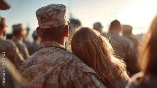 A soldier hugs a loved one at sunset during a military event, with fellow service members nearby