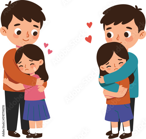 Father comforting crying daughter, emotional support, love and empathy, family bonding moment, heartwarming hug, parenting care, cad drawing flat vector illustration