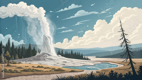 Flat minimal cartoon of Yellowstone geyser erupting, steam clouds rising under bright blue sky, minimal vector art.
