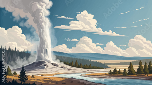 Flat minimal cartoon of Yellowstone geyser erupting, steam clouds rising under bright blue sky, minimal vector art.