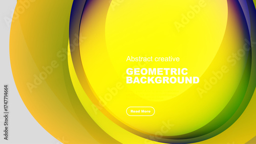 Bright yellow abstract background features overlapping curved shapes. Text reads geometric background with button below.