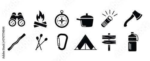 Set of twelve minimalist camping and outdoor adventure icons in vector format eps vector
