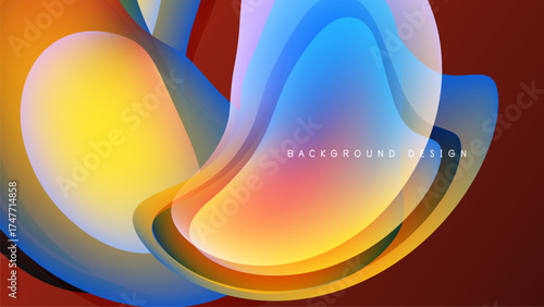 Abstract fluid shapes overlap, creating vibrant color gradients. Dynamic composition with warm, cool tones against dark background.