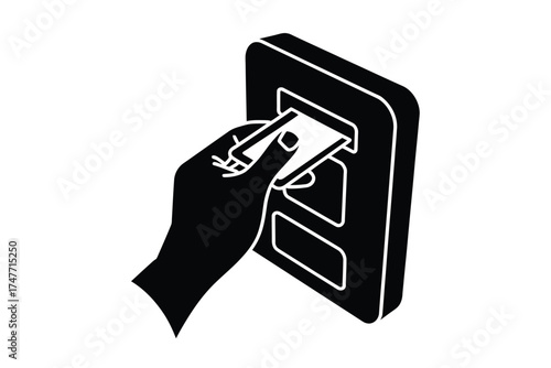 Minimalist black and white vector illustration of hand inserting credit card into machine vector