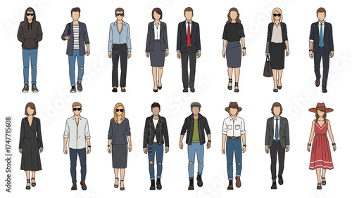 Diverse People Walking Illustration. Men and Women in Various Fashion Styles and Outfits. Character Set for Lifestyle and Business Concepts.