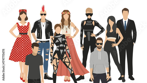 Illustrated Group of Diverse People Displaying Various Fashion Styles and Trends