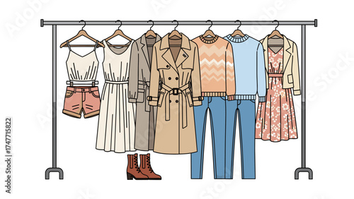 Women's Fashion Clothing Rack Illustration with Diverse Seasonal Outfits and Accessories
