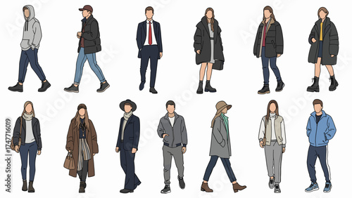 Fashion illustration set: Diverse men and women in various contemporary urban and casual outfits. Full body figures walking and standing.