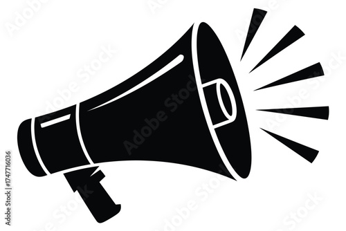 Black silhouette illustration of a megaphone emitting sound waves for announcement and communication vector