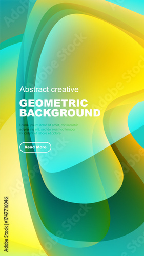 Vibrant abstract shapes overlap, creating dynamic composition. Yellow, green, turquoise hues dominate dark background. Text present.