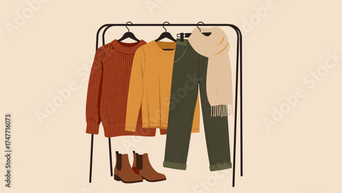 Autumn Winter Fashion Outfits. Cozy Sweaters, Pants, Scarf, and Boots on Clothing Rack.