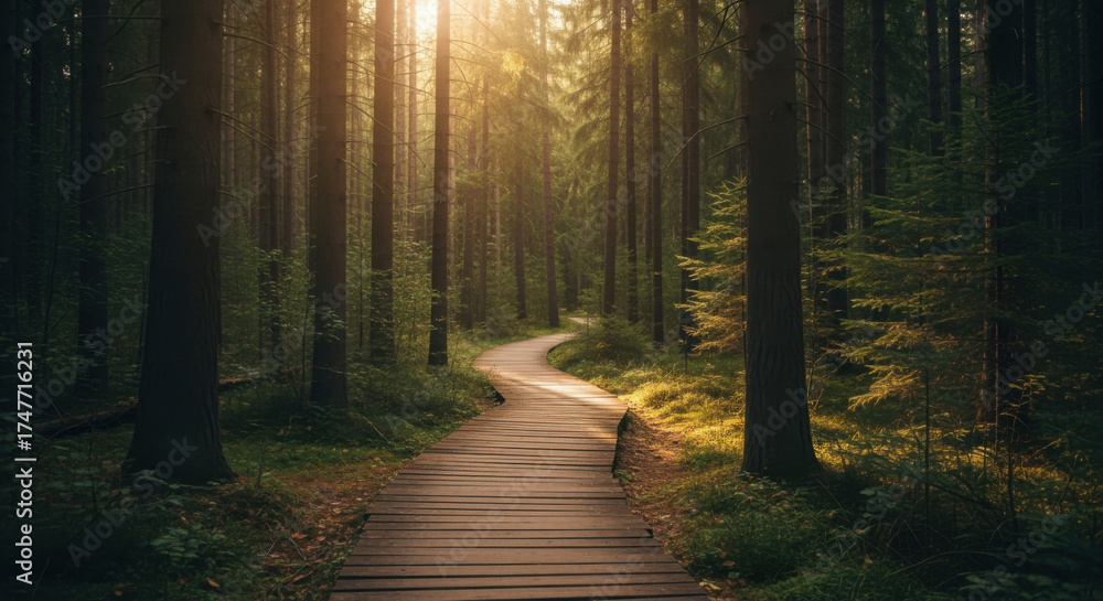 Fototapeta premium A wooden path curves through a sunlit forest, inviting exploration and tranquility.