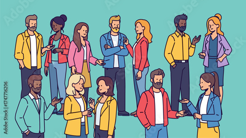 Diverse Group of People Communicating and Networking. Social Interaction, Teamwork, and Business Discussion Illustration.