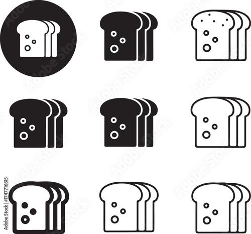 Black and white bread slices icon set on transparent background silhouette