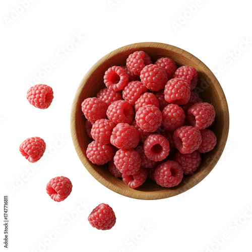 Isolated Photo Fresh Raspberries in Wooden Bowl Transparent Background