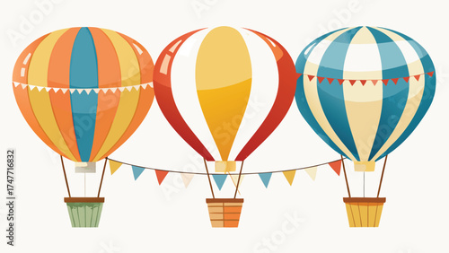 Colorful hot air balloons in various shapes and sizes floating against a clear blue sky..eps