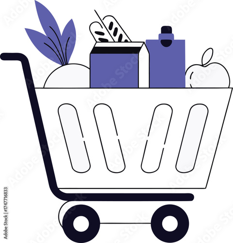 Modern shopping cart icon filled with groceries and fresh produce simple design