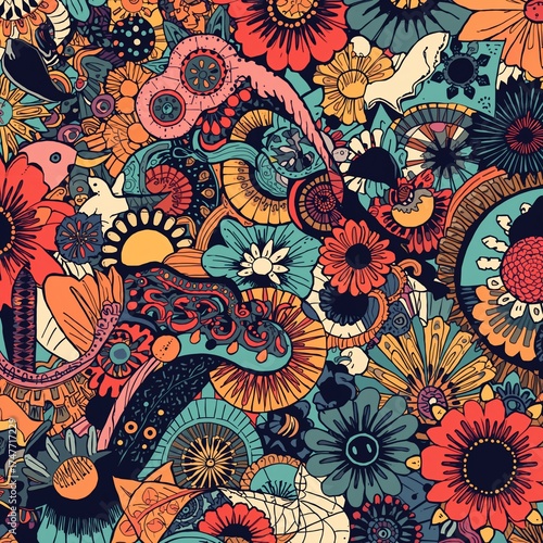 Psychedelic Floral Tapestry: A vibrant explosion of color and intricate designs