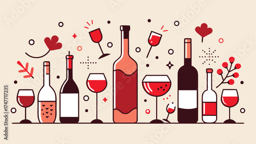 A sketch depicting an assortment of wine glasses and bottles, highlighting their elegant forms and designs..eps