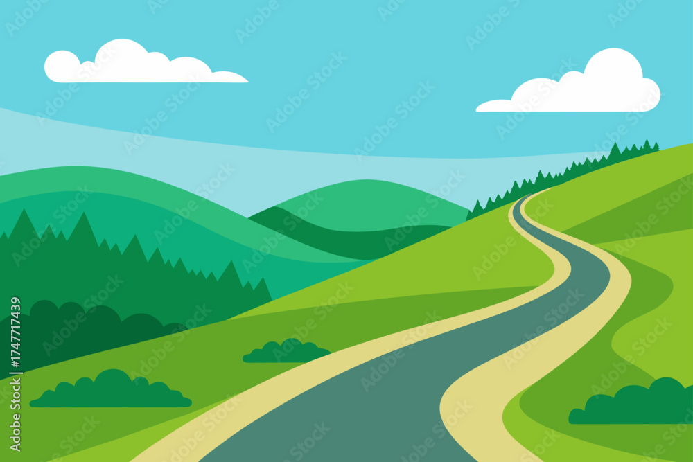 Fototapeta premium Winding road through green hills under a blue sky