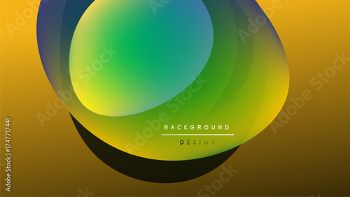 Abstract colorful layers create flowing shapes. Gradient transitions blend yellow, green, blue hues against dark backdrop. Modern design element.