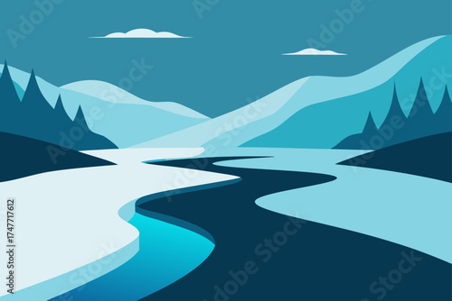 A winter landscape with mountains and a winding river