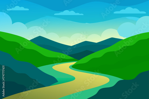 Valley landscape with river and mountains scenery