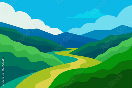 Illustration of mountains river and cloudy sky view