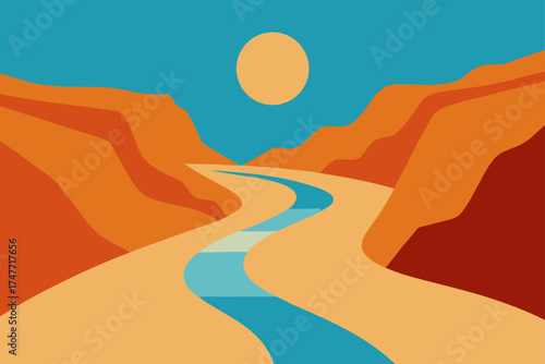 River flowing through desert landscape under sunlit sky