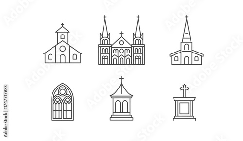 Minimalist line art collection of diverse architectural church building vector illustrations vector
