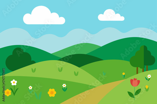 Illustration of a green landscape with flowers and sky