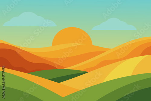 Landscape view with rolling hills and sun illustration
