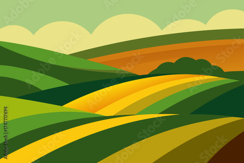 Illustration of rolling hills and fields landscape