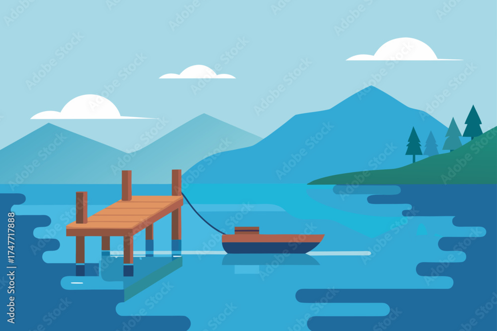 Fototapeta premium Illustration of a lake with a dock and a small boat