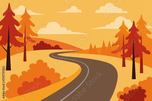 Winding road through autumn landscape illustration