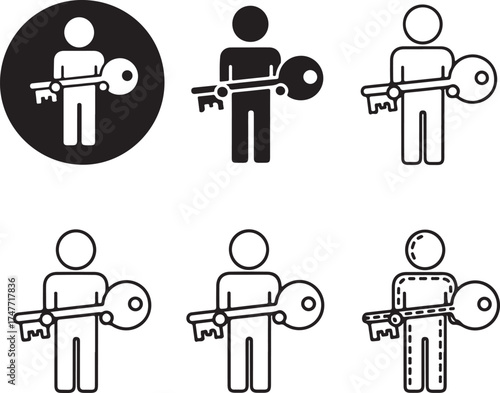 Black key and person silhouettes security access icons on transparent background